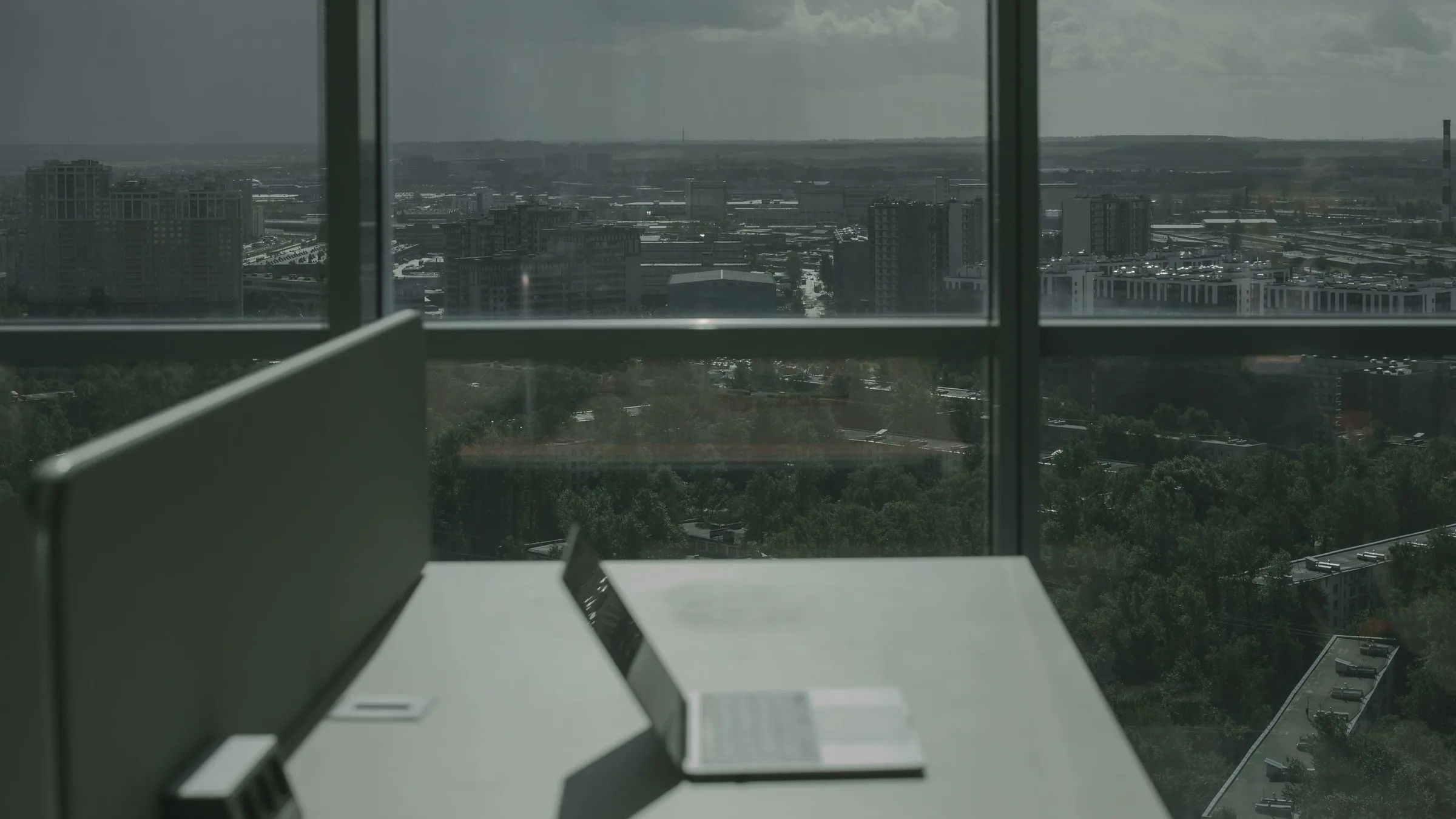 Workstation by a window overlooking the city